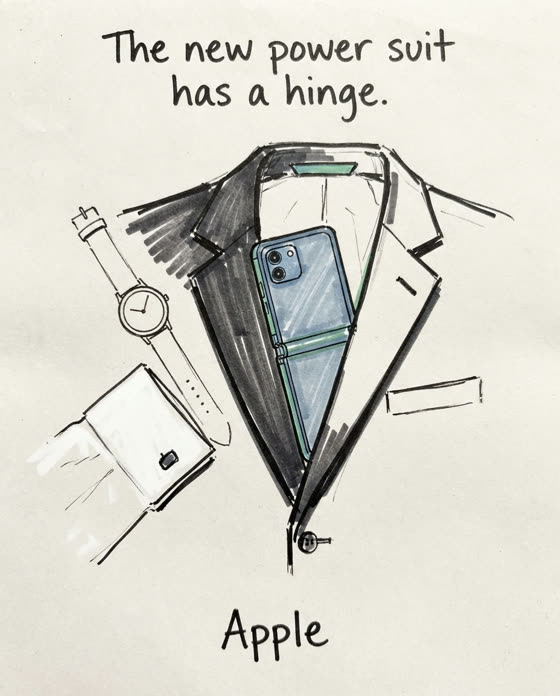 Marker sketch: Present the folded iPhone Duo as the new defining detail of the banker uniform, replacing inherited status codes with the first foldable iPhone.