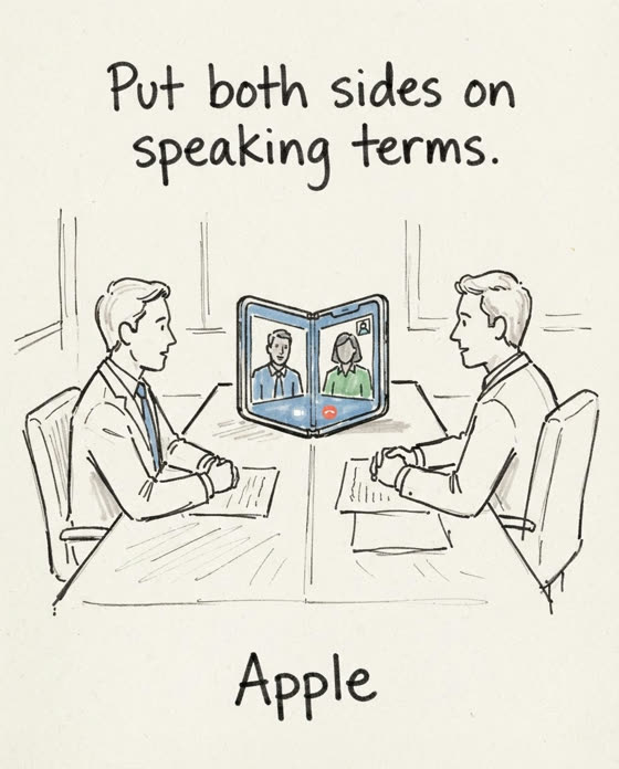 Marker sketch: Use iPhone Duo's two outward-facing displays as the literal center of a negotiation, giving each side a clear place in the call.