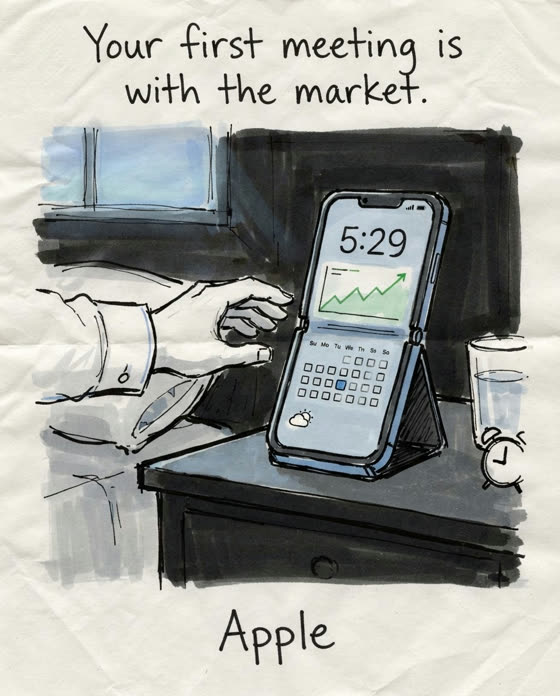 Marker sketch: Make a self-standing iPhone Duo the quiet pre-dawn briefing, with StandBy widgets waiting before the opening bell.